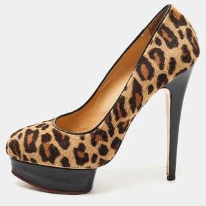 Charlotte Olympia Brown/Beige Leopard Print Calf Hair Dolly Platform Pumps Size 41