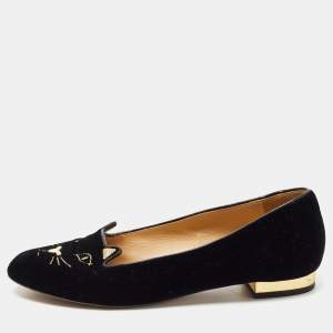 Charlotte Olympia Black Velvet Embroidered Kitty Ballet Flats Size 37.5