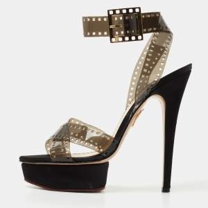 Pre Owned Charlotte Olympia Transparent/Black PVC  Take 85 Film Strip Sandals Size40