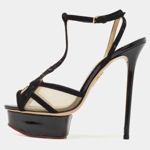 Charlotte Olympia Black Suede and Mesh Ooh Lala Print Ankle Strap Sandals Size 38