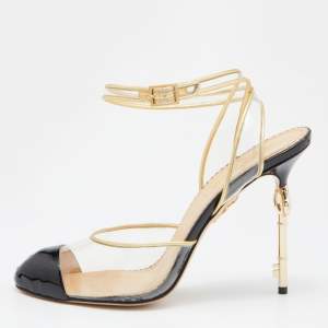 Charlotte Olympia Gold/Black Patent Leather and PVC Enigma Key Sandals Size 39