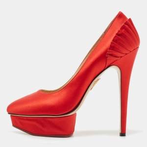 Charlotte Olympia Red Satin Paloma Fan Pleat Platform Pumps Size 40