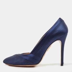 Charlotte Olympia Navy Blue Satin Debonaire Platform Pumps Size 40