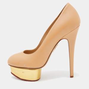 Charlotte Olympia Beige/Gold Leather Platform Pumps Size 37