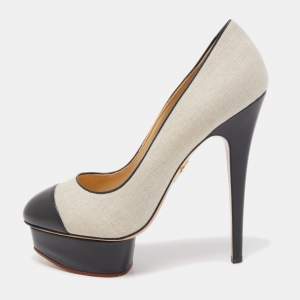 Charlotte Olympia Black/Beige Canvas and Leather Dolly Platform Pumps Size 39