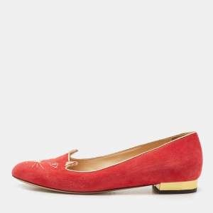 Charlotte Olympia Red Suede Embroidered Kitty Ballet Flats Size 39