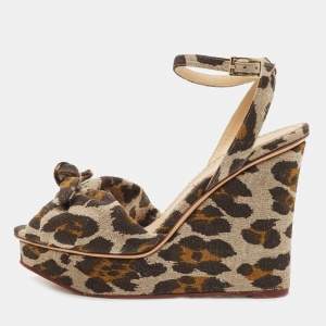 Charlotte Olympia Beige/Brown Leopard Canvas Bow Platform Ankle Strap Wedge Sandals Size 38.5