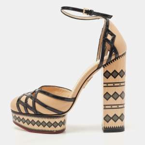 Charlotte Olympia Beige/Black Leather Cut Out Platform Ankle Strap Block Heel Pumps Size 39