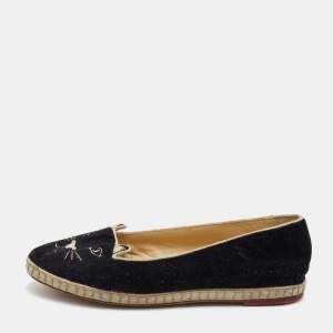 Charlotte Olympia Black Velvet Kitty Espadrille Flats Size 39