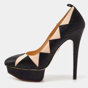 Charlotte Olympia Black/Pink Satin Platform Pumps Size 39.5