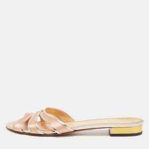 Pre Owned Charlotte Olympia Metallic Rose Gold Leather And Satin Flat Slides Size 38.5