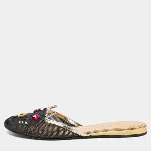 Charlotte Olympia Black/Gold Mesh and Patent Leather Kitsch Kitty Sequin Flat Slides Size 37