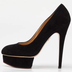 Charlotte Olympia Black Suede Dolly Platform Pumps Size 38.5