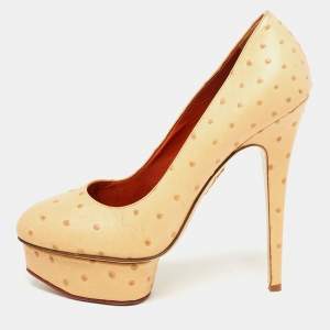 Charlotte Olympia Beige Ostrich Leather Dolly Platform Pumps Size 40