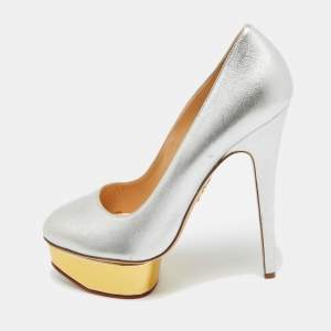 Charlotte Olympia Silver Leather Dolly  Platform Pumps Size 40