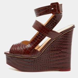 Charlotte Olympia Brown Croc Embossed Leather Ankle Strap Wedge Sandals Size 39