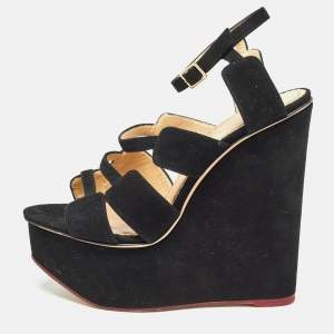 Charlotte Olympia Black Suede Platform Wedge Strappy Sandals Size 39