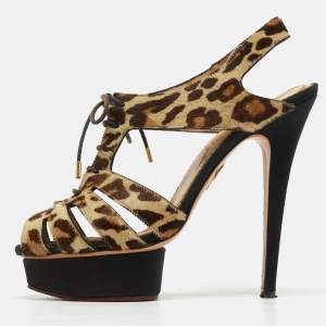 Charlotte Olympia Beige/Brown Leopard Calf hair Lace Up Platform Sandals Size 40