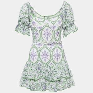 Pre Owned Charo Ruiz White/Green Broderie Anglaise Cotton Tiered Mini Dress L