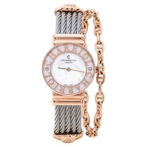 Charriol White Mother of Pearl Stainless Steel Diamonds Rose Gold Plated St-Tropez ST028.3 Women's Wristwatch 24.50 mm