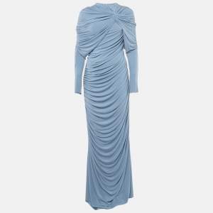 Pre Owned Chats By C.Dam Blue Jersey Draped Emera Maxi Dress S