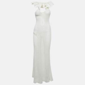 Pre Owned Chio White Stretch Crochet Ruffled Sheer Maxi Dress S