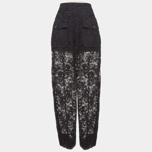 Chloe Black Floral Pattern Lace Sheer Trousers L