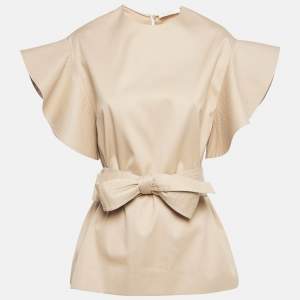 Pre Owned Chloe Sun Tan Brown Cotton Ruffled Belt Detail Sleeve Top S