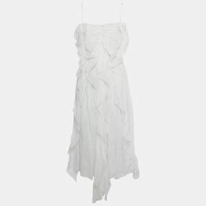 Chloé White Ramie Ruffled Asymmetric Midi Dress M