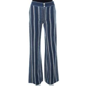 Pre Owned Chloe Blue Striped Cotton Canvas Wide Leg Trousers M