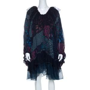 Chloe Multicolor Block Print Ruffle Trim Dress S