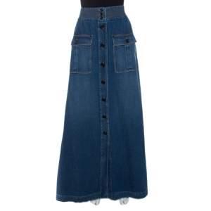 Chloe Indigo Denim Button Front Flared Maxi Skirt L