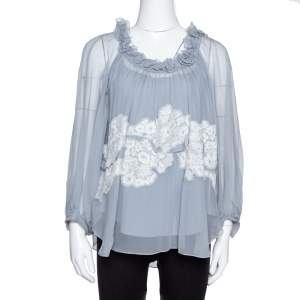 Chloe Grey Silk Crepon Lace Appliqued Ruffled Blouse S