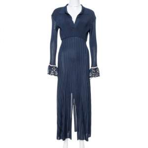 Pre Owned Chloe Iconic Navy Rib Knit Printed Cuff Midi Dress S