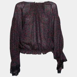 Pre Owned Chloe Black Printed Crinkled Cotton Lace Trim Detailed Top M