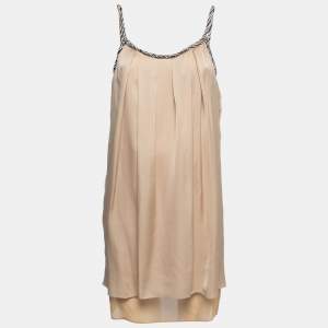 Pre Owned Chloé Beige Satin Silk Crystal Embellished Mini Dress M
