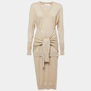 Chloe Seed Brown Wool V Neck Sweater Midi Dress S