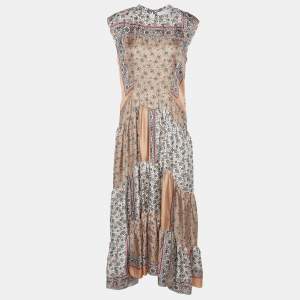 Chloe Beige Printed Silk Patchwork Detail Sleeveless Midi Dress L