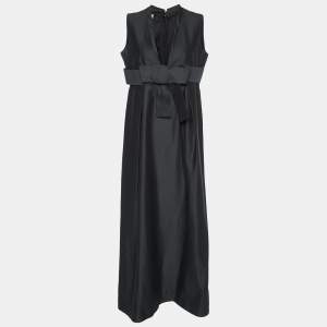 Chloe Black Cotton Bow Detail  Plunging Neck Maxi Dress L