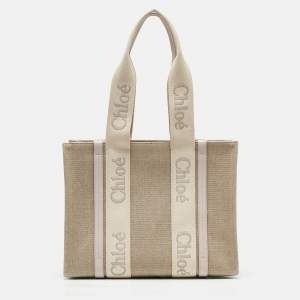 Chloe Beige/Cream Canvas and Leather Medium Woody Tote