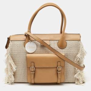 Pre Owned Chloe Cream/Tan Leather and Linen Fringe Edith Oversized Day Bag