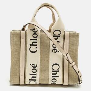 Pre Owned Chloé Woody Small Beige/Pink Canvas and Leather Tote