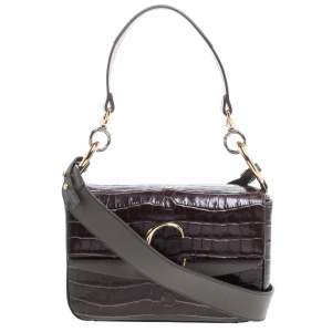 Pre Owned Chloe Two Tone Brown Croc Embossed Leather C Top Handle Bag