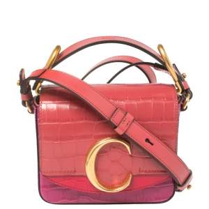 Pre Owned Chloe Multicolor Croc Embossed Leather Mini C Top Handle Bag