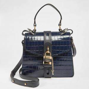 Pre Owned Chloe Blue Croc Embossed Leather Small Aby Day Top Handle Bag