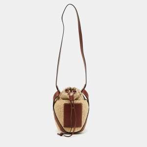 Pre Owned Chloe Brown/Beige Raffia and Leather Small Basket Bag