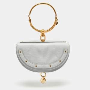 Pre Owned Chloé Grey Lizard Embossed Leather Nile Bracelet Minaudiere Crossbody Bag