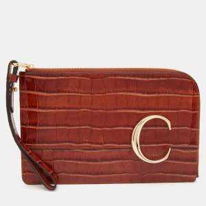 Chloe Tan Croc Embossed Leather C Logo Wristlet Pouch