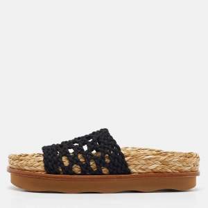Chloe Black Woven Crochet Wavy Flat Slides Size 39