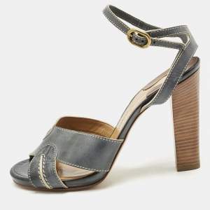 Chloe Grey/Beige Leather Ankle Strap Sandals Size 40